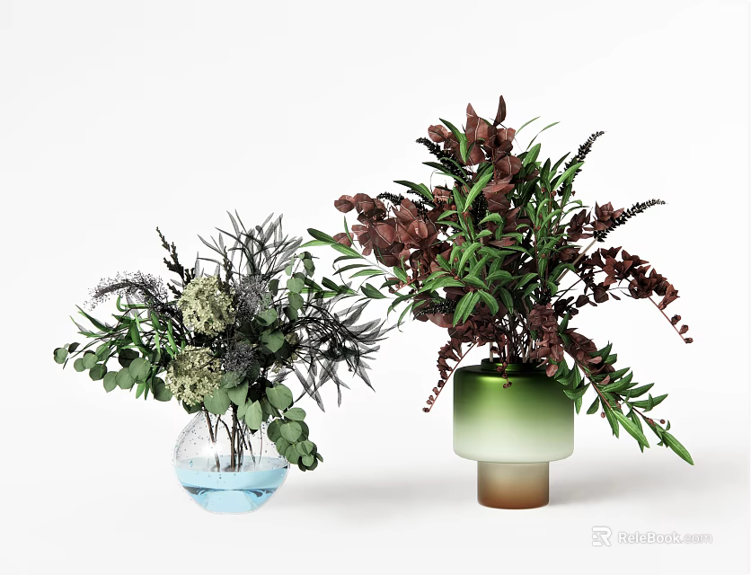 Transparent Vase With Water Green White Blooms And Green Gradient Vase Dark Green Brown Foliage 3d model 