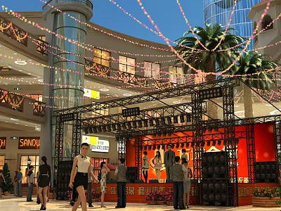 Lively Commercial Street With Stage Crowd Colorful Lights Palm Trees And Shops 3d model