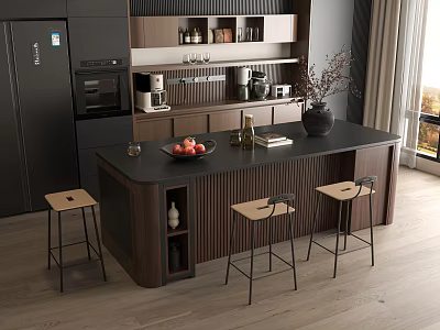 Modern Restaurant Kitchen Interior With Dark Island Counter Bar Stools Appliances And Plants 3d model