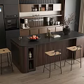 Modern Restaurant Kitchen Interior With Dark Island Counter Bar Stools Appliances And Plants