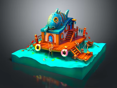 Cartoon Scene With Fish Shaped House Wooden Stairs Lifebuoy And Structure On Water 3d model