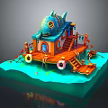 Cartoon Scene With Fish Shaped House Wooden Stairs Lifebuoy And Structure On Water