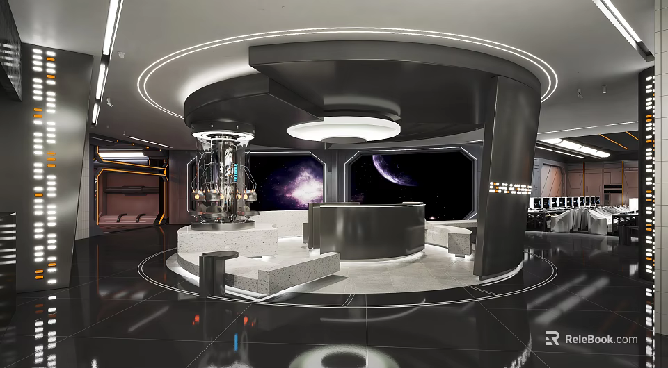Futuristic Cybercafe Interior With Space Themed Decor And Modern Tech Gear 3d model 