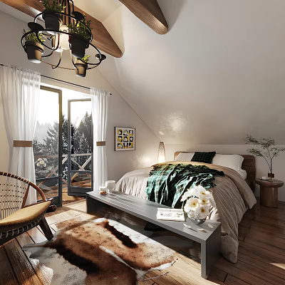 Cozy Bedroom With Sloped Ceiling Open Sliding Doors To Balcony Trees View And Wicker Chair 3d model