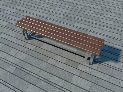 Modern Outdoor Bench With Wooden Slats And Metal Frame On Stone Tile Floor 3d model
