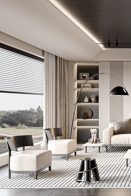 Modern Living Room Interior With Large Window Blinds Curtains Floor Lamp And Decorative Shelves 3d model 