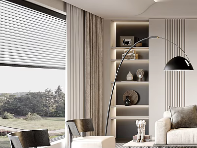 Modern Living Room Interior With Large Window Blinds Curtains Floor Lamp And Decorative Shelves 3d model
