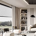Modern Living Room Interior With Large Window Blinds Curtains Floor Lamp And Decorative Shelves