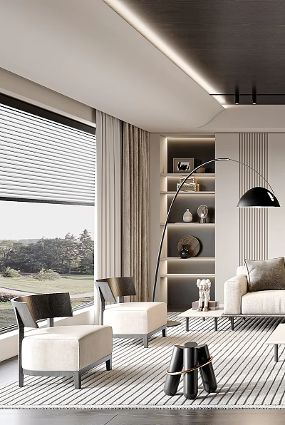 Modern Living Room Interior With Large Window Blinds Curtains Floor Lamp And Decorative Shelves 3d model