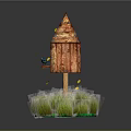 Wooden Birdhouse With Small Bird Perched On Grass Base And Yellow Leaves