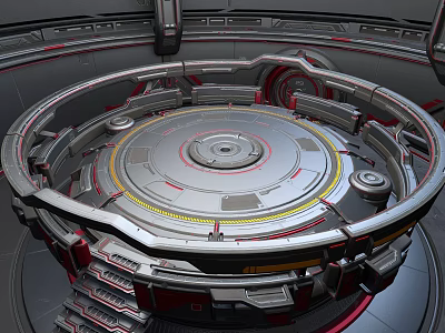 Futuristic Circular Mechanical Platform With Metallic Rings Yellow Lines And Central Disc 3d model