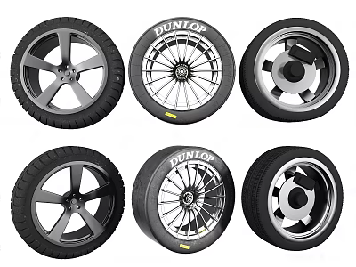 Car Tires with Various Alloy Wheel Designs and Different Rim Styles 3d model