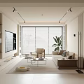 Modern Minimalist Living Room Interior With Sofa Armchair Coffee Table Potted Plant And Floor-To-Ceiling Windows