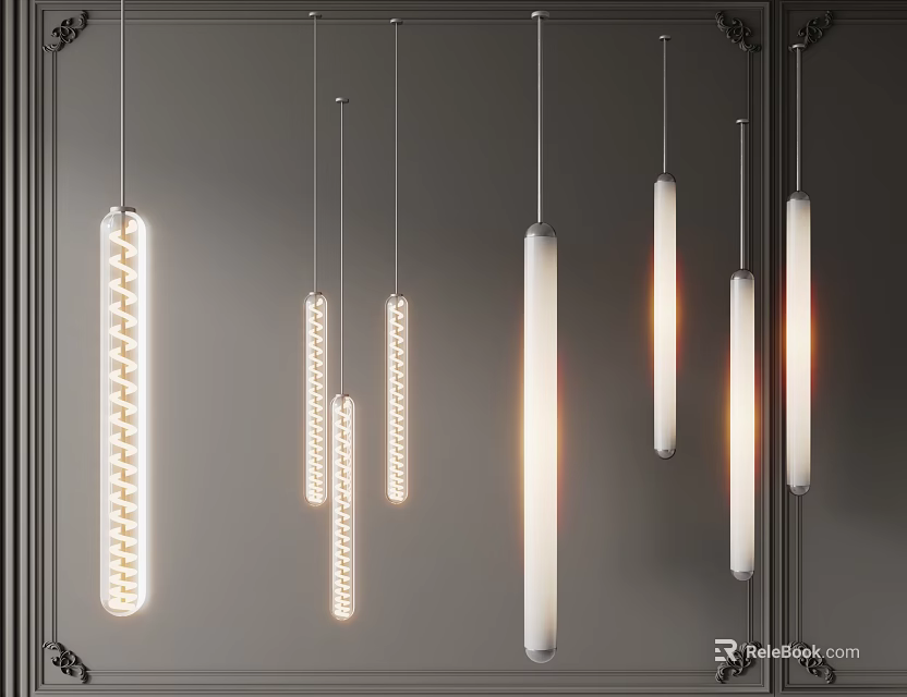 Modern Interior Featuring Multiple Suspended Pendant Lights With Cylindrical Textured Designs And Warm Glow 3d model 