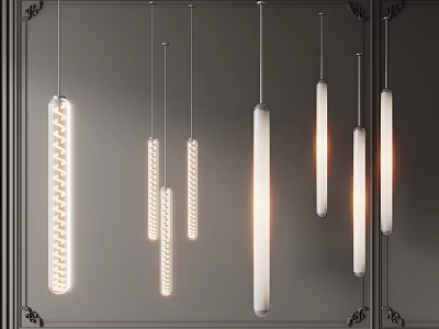 Modern Interior Featuring Multiple Suspended Pendant Lights With Cylindrical Textured Designs And Warm Glow 3d model