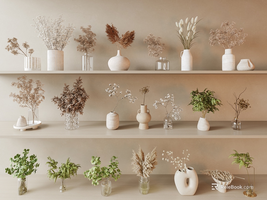 Decorative Ceramic And Glass Vases With Dried Plants And Green Foliage On Shelves 3d model 