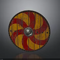 Medieval Round Shield Weapon With Red And Orange Spiral Pattern Leather Rim And Metal Boss