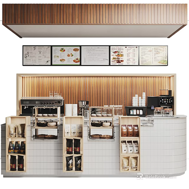 Modern Café Reception Counter With Menu Boards Coffee Machines And Storage Shelves 3d model 