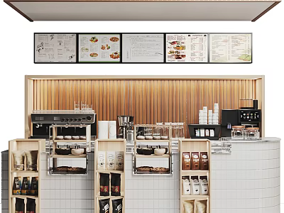 Modern Café Reception Counter With Menu Boards Coffee Machines And Storage Shelves 3d model
