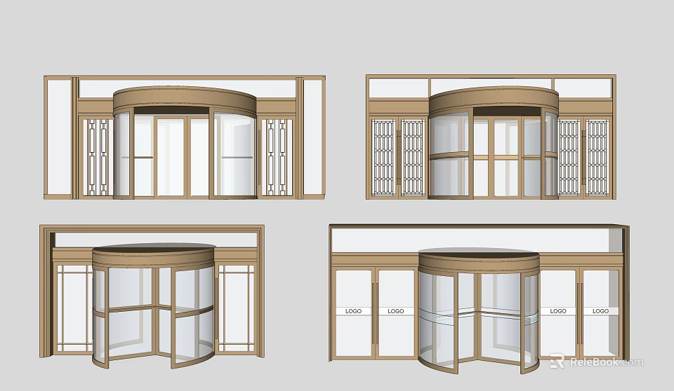 Wooden Frame Revolving Door Design With Glass Panels And Different Angles 3d model 