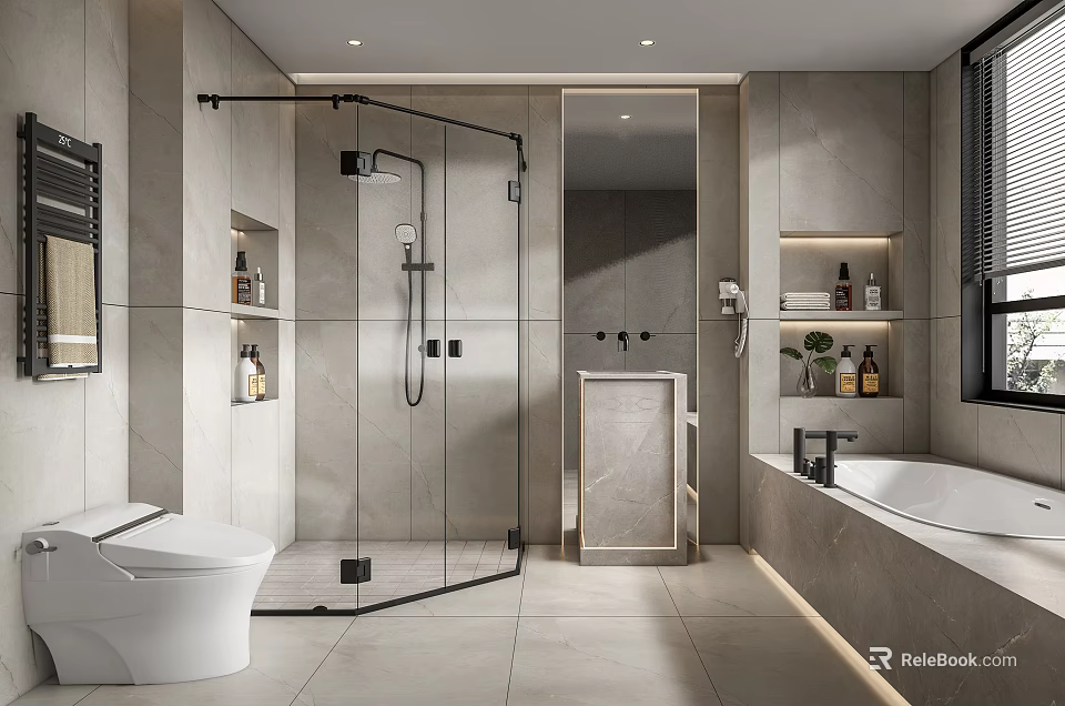 Modern Bathroom Interior With Glass Shower Enclosure Free Standing Bathtub And Marble Walls 3d model 