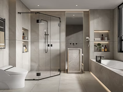 Modern Bathroom Interior With Glass Shower Enclosure Free Standing Bathtub And Marble Walls 3d model