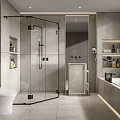 Modern Bathroom Interior With Glass Shower Enclosure Free Standing Bathtub And Marble Walls