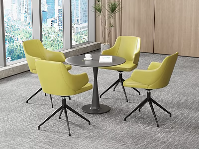 Four Yellow Leisure Chairs In Modern Office Lounge With Round Table And City View 3d model