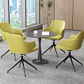 Four Yellow Leisure Chairs In Modern Office Lounge With Round Table And City View