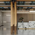 Modern Chinese Style Hotel Lobby With Wooden Structure Glass Doors Marble Floor And Spacious Space