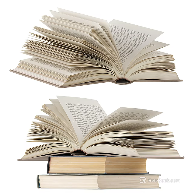 Open Books With Fanned Pages Displaying Text Content On Stack Of Books 3d model 