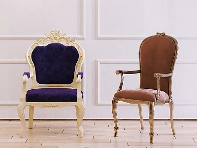 Elegant Carved Frame Dining Chairs With Purple Brown Velvet Upholstery And White Paneled Wall 3d model