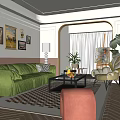 Elegant Living Room Interior With Green Sofa Decorative Paintings Natural Light And Plant