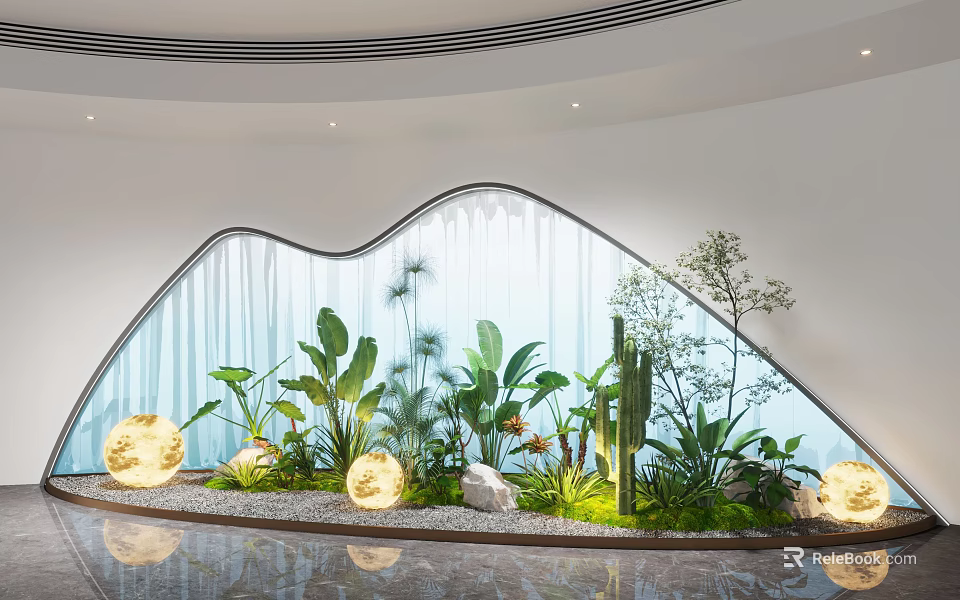 Indoor Landscape With Curved Glass Wall Green Plants Cactus And Glowing Spherical Lights 3d model 