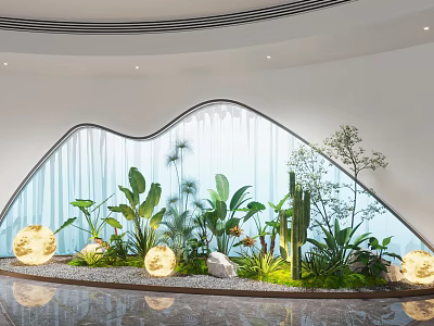 Indoor Landscape With Curved Glass Wall Green Plants Cactus And Glowing Spherical Lights 3d model
