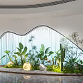 Indoor Landscape With Curved Glass Wall Green Plants Cactus And Glowing Spherical Lights