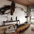 Serene Tea Room Interior With Natural Plants Stone Moss Gravel And Window Blinds