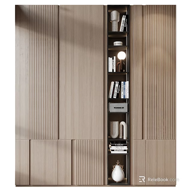 Modern Wooden Bookcase Interior Design With Books Decorative Vases And Ornaments 3d model 