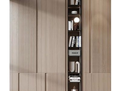 Modern Wooden Bookcase Interior Design With Books Decorative Vases And Ornaments 3d model