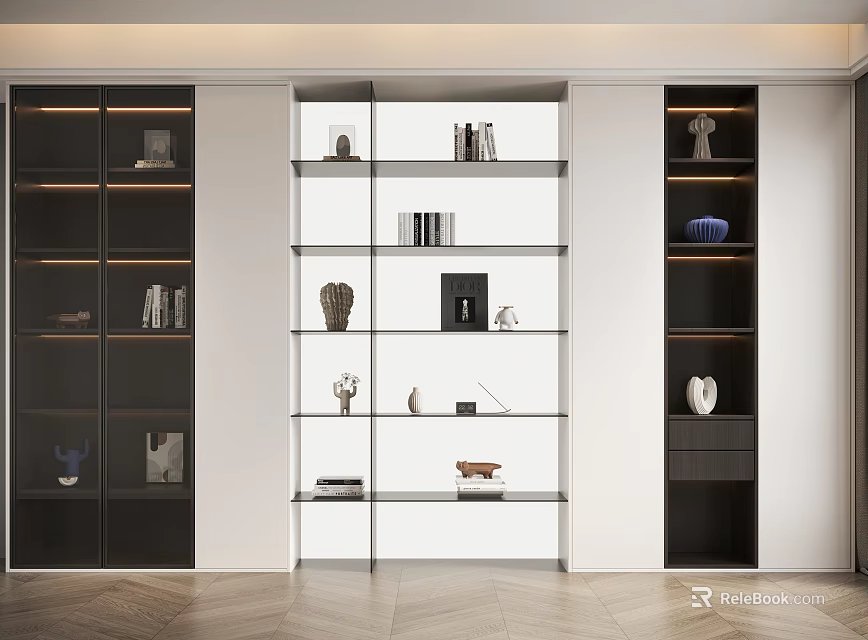 Modern Three Section Bookcase With Glass Doors Multiple Shelves Decorative Items And Books 3d model 