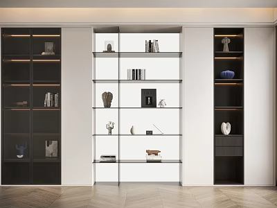 Modern Three Section Bookcase With Glass Doors Multiple Shelves Decorative Items And Books 3d model