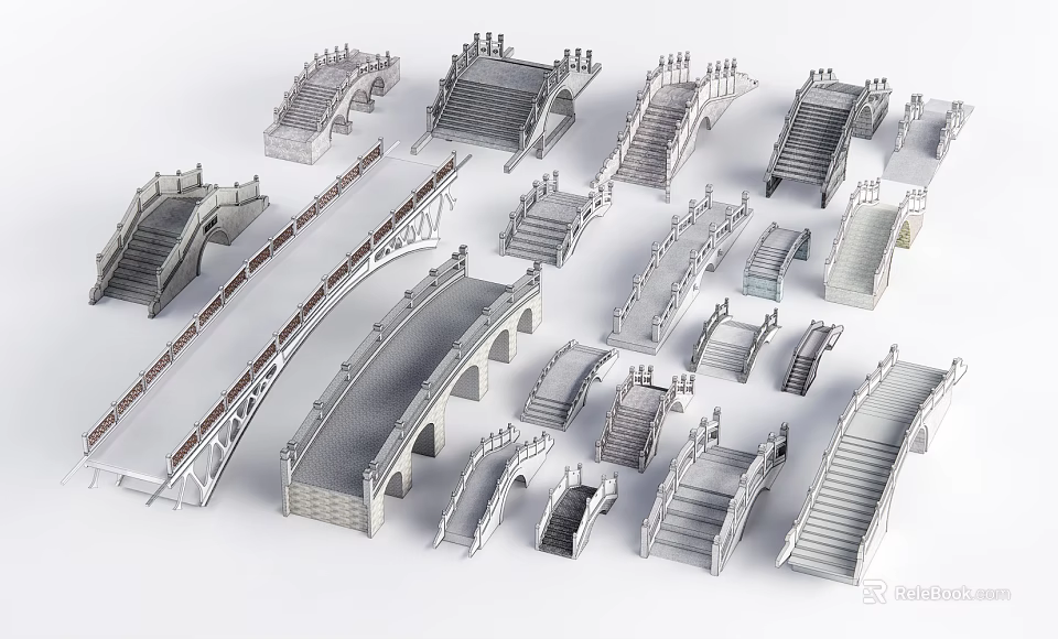 Various Architectural Bridge Models Featuring Arch Staircase and Railing Designs 3d model 