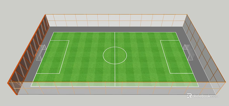 Soccer Field With Green Grass And White Boundary Lines Surrounded By Orange Fencing 3d model 