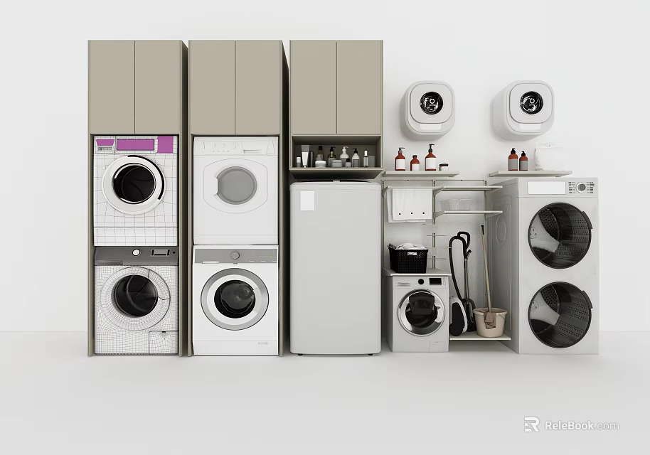 Modern Laundry Room Interior Featuring Various Washing Machines Cabinets And Supplies 3d model 