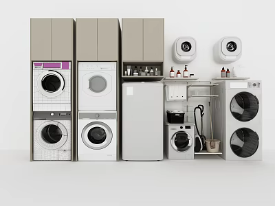 Modern Laundry Room Interior Featuring Various Washing Machines Cabinets And Supplies 3d model