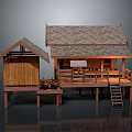 Traditional Wooden Stilt House With Thatched Roof Outdoor Platform And Railings