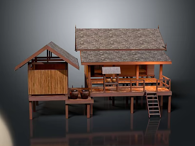 Traditional Wooden Stilt House With Thatched Roof Outdoor Platform And Railings 3d model