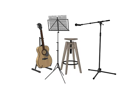 Complete Musical Setup Including Acoustic Guitar Music Stand Microphone Stand And Wooden Stool 3d model