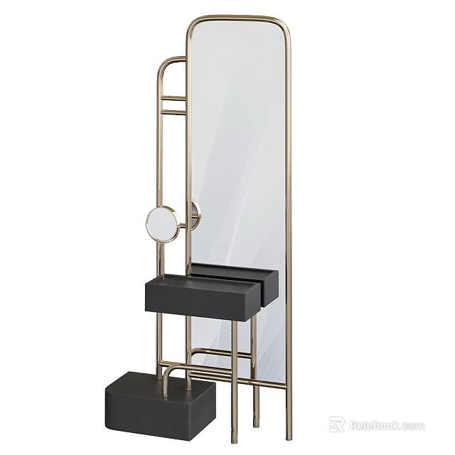 Modern Standing Mirror With Metal Frame Round Mirror And Black Storage Shelf 3d model 