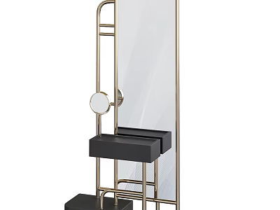 Modern Standing Mirror With Metal Frame Round Mirror And Black Storage Shelf 3d model